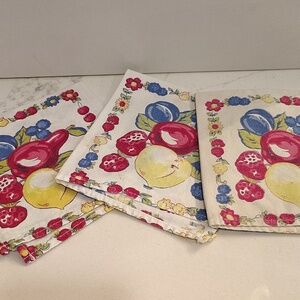 Vintage cloth napkin fruit and tulip print set of 3 12.5" x. 11.5" multicolor